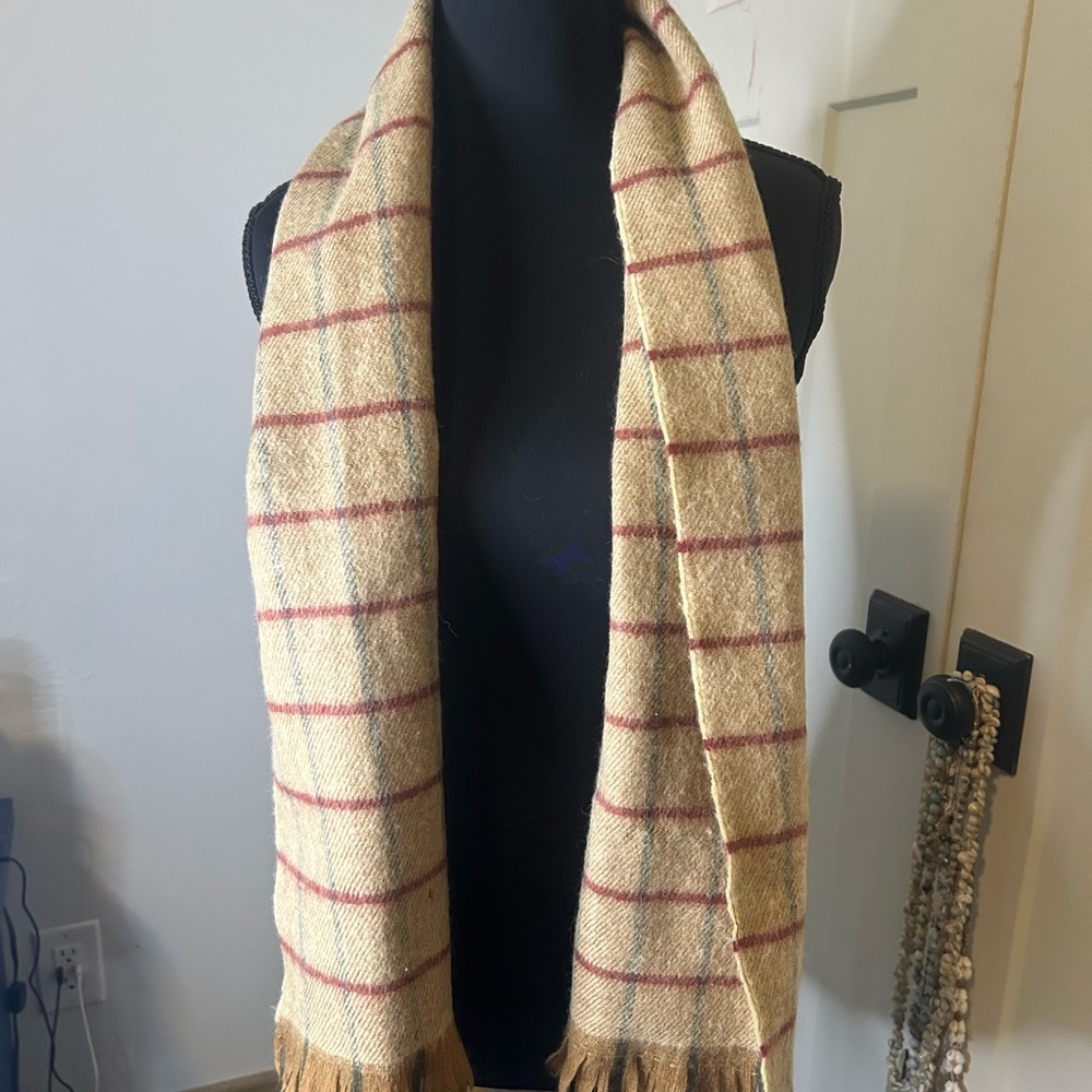 Claiborne Beige and Red Plaid Scarf 100% Wool